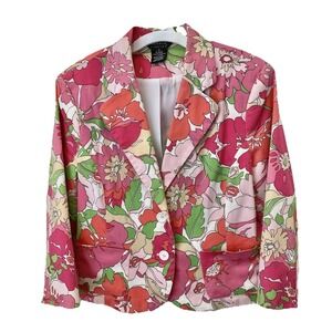 Bright Floral Blazer Jacket Pink Green‎ Medium Large Stretch Flower Power Retro
